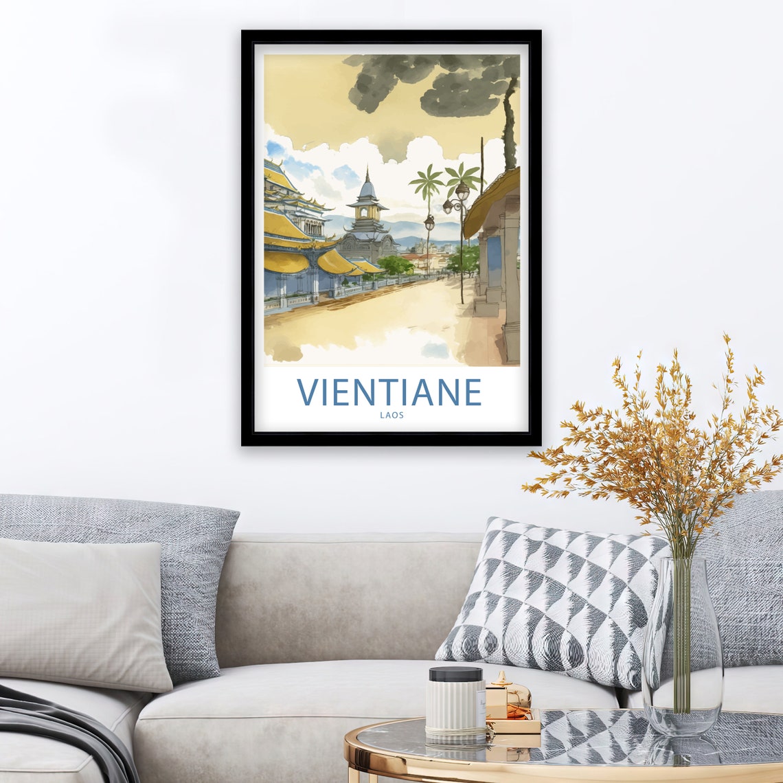 Vientiane Laos Golden Temple Terrace Palm Trees Watercolor Poster - Image 3