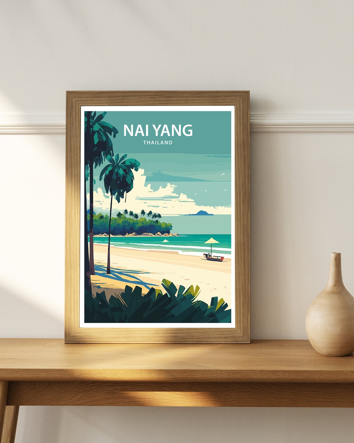 Nai Yang Thailand Tropical Beach Palms Boat Vintage Travel Poster - Image 3