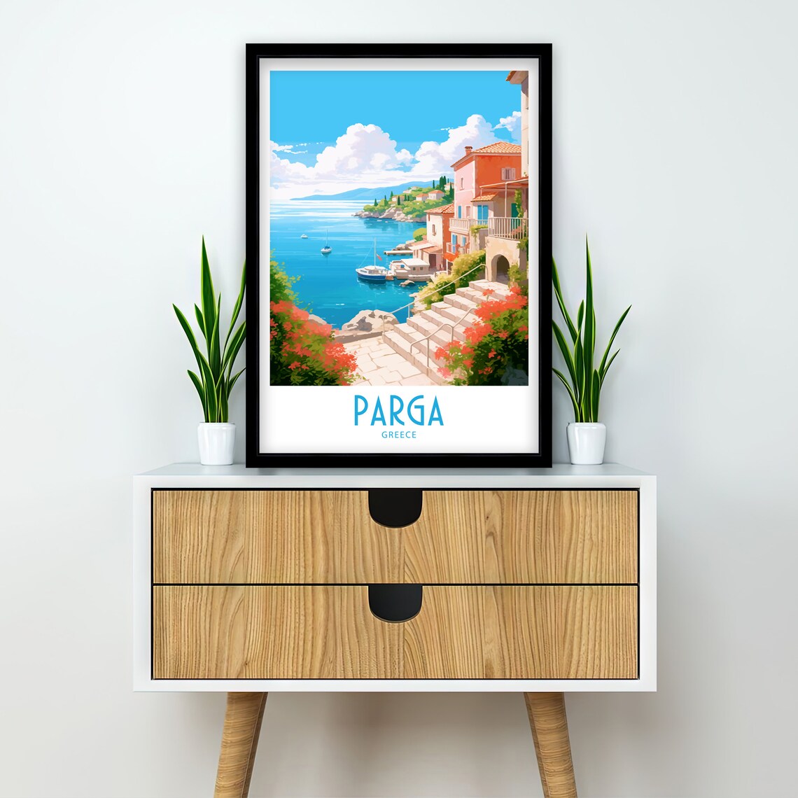 Parga Greece Harbor Steps Red Flowers Pastel Houses Travel Art Poster - Image 2
