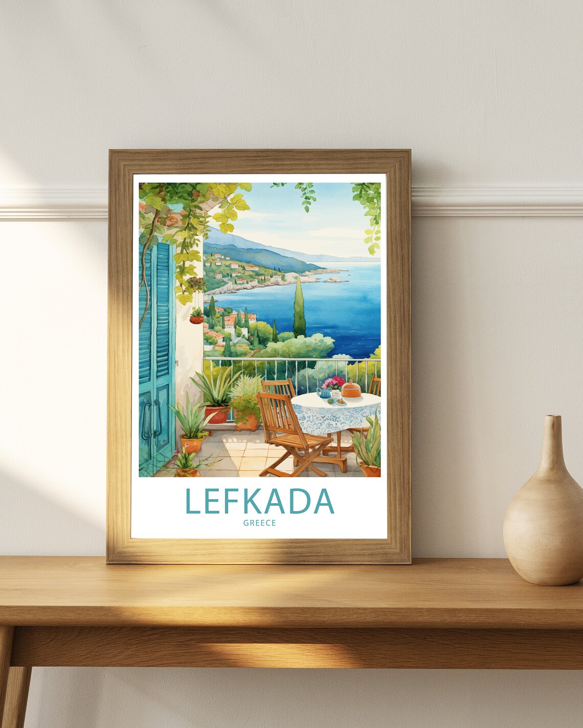 Lefkada Greece Sunny Terrace Sea View Watercolor Travel Poster - Image 4