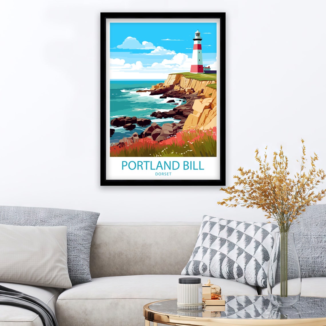 Portland Bill Dorset Red White Lighthouse Rocky Cliffs Travel Poster - Image 2