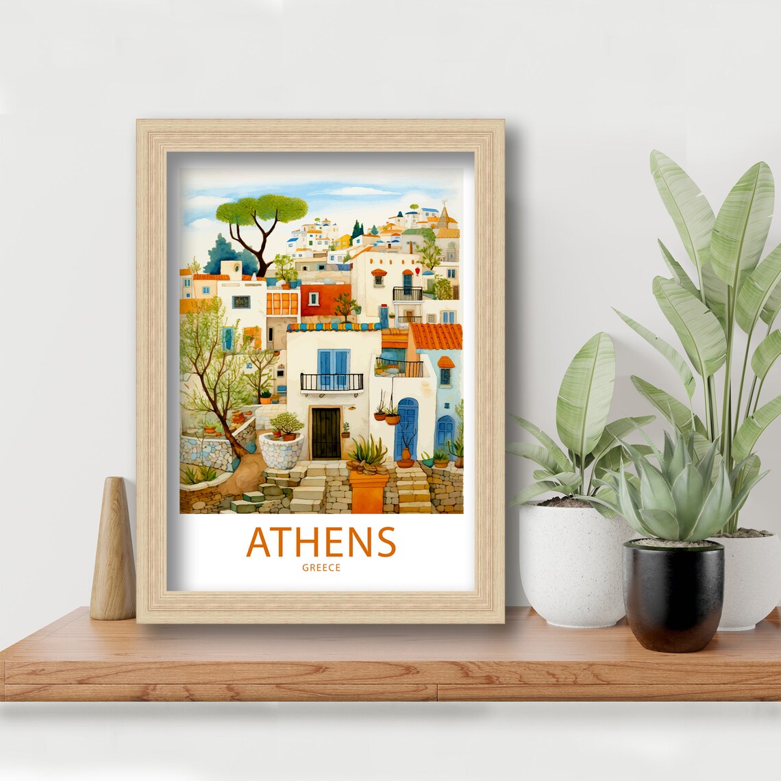 Athens Greece White Washed Old Town Houses Watercolor Art Poster - Image 6