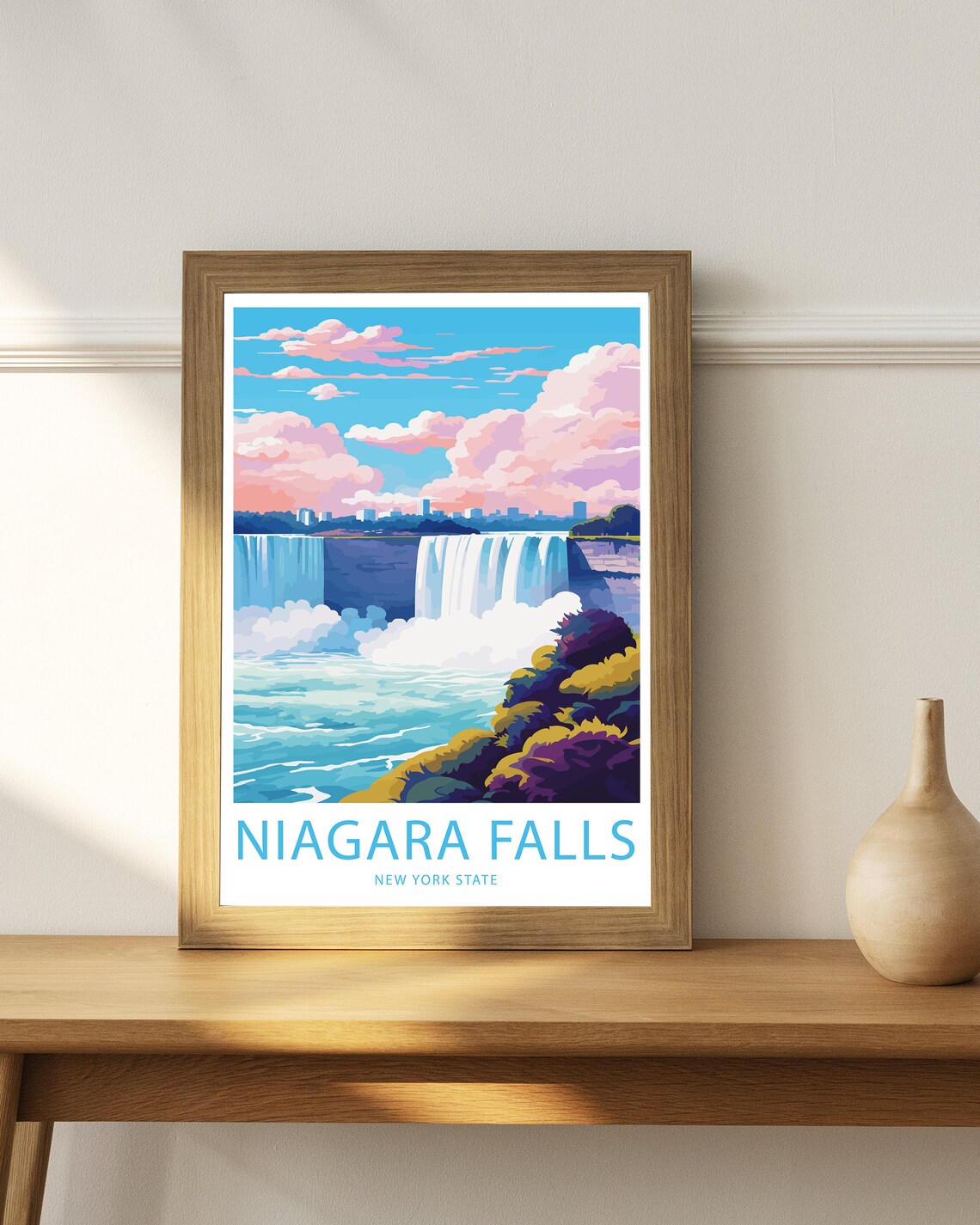 Niagara Falls New York State Falls Pink Sky Illustrated Travel Poster - Image 3