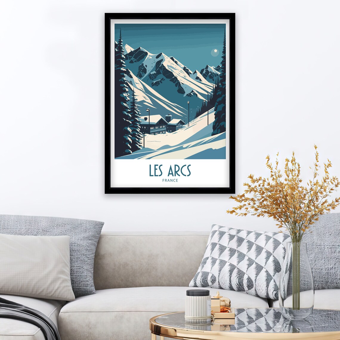 Les Arcs France Moonlit Ski Chalets Mountain Night Travel Poster - Image 2