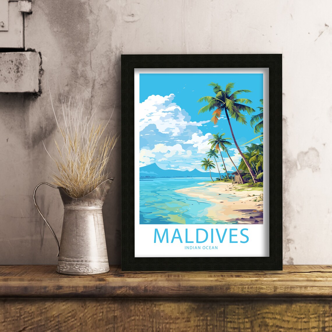 Maldives Indian Ocean Leaning Palms Sandy Beach Clear Blue Sea Poster - Image 6