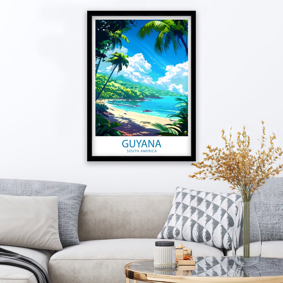 Guyana South America Tropical Beach with Palm Trees Ocean View Poster
