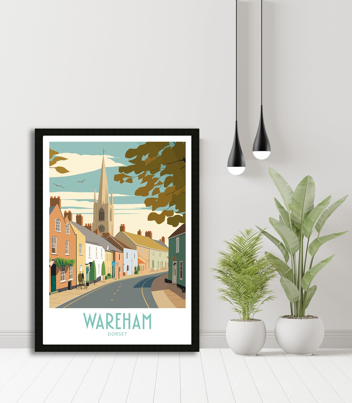 Wareham Dorset Historic High Street Church Spire Retro Art Poster - Image 6