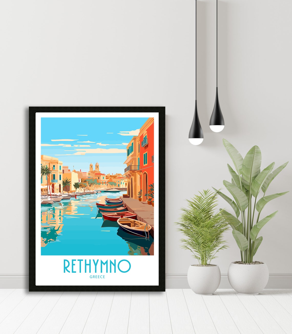 Rethymno Greece Old Harbor Fishing Boats Waterfront Houses View Poster - Image 5