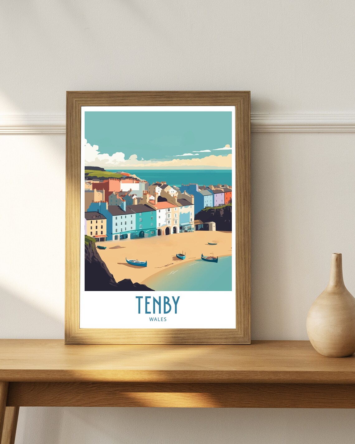 Tenby Wales Beachfront Cottages Pastel Houses Harbor Scene Poster - Image 4