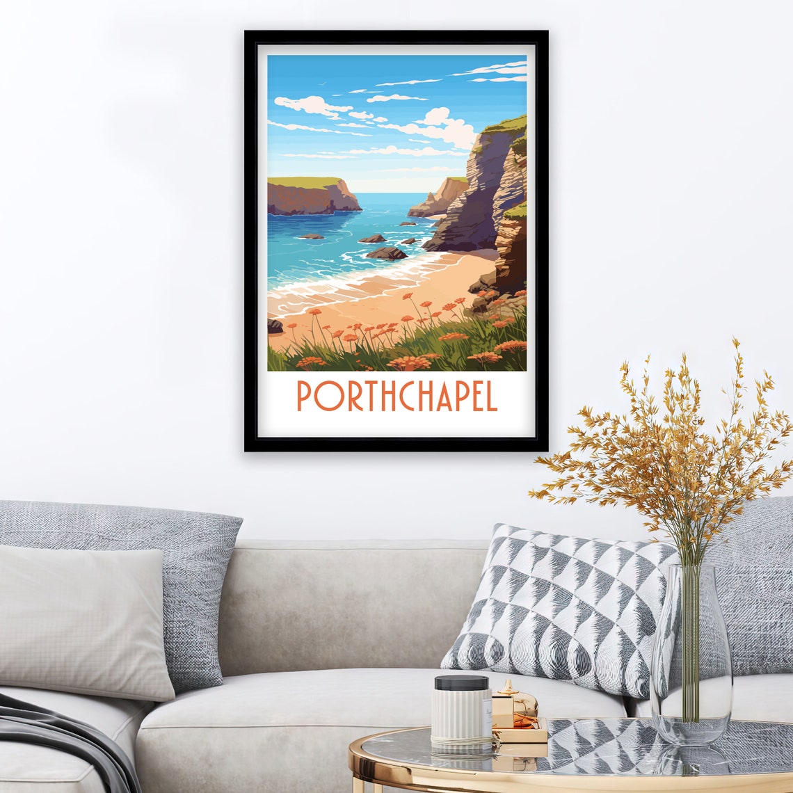 Porthchapel Cornwall Coastal Cliffs Beach Art Illustration Poster - Image 3
