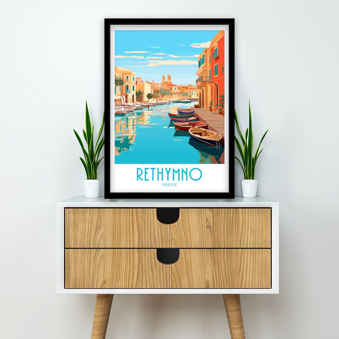 Rethymno Greece Old Harbor Fishing Boats Waterfront Houses View Poster - Image 2