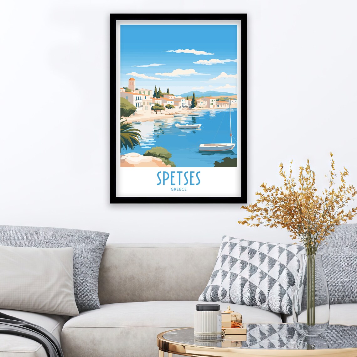 Spetses Greece Harbor Sailboats Bell Tower Retro Travel Poster - Image 3