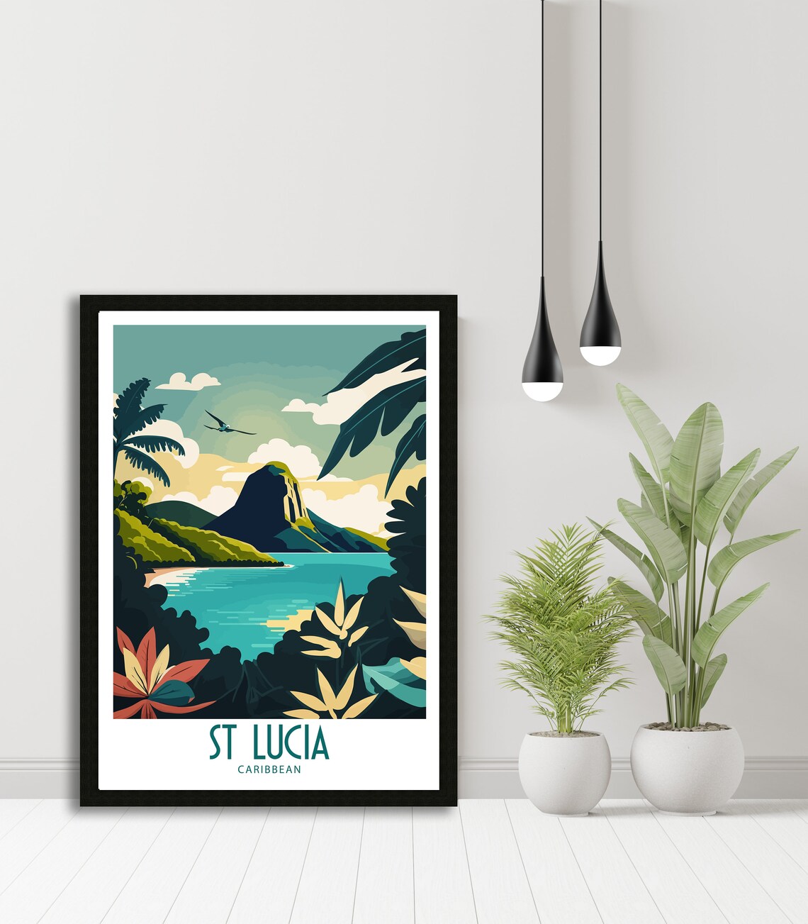 St Lucia Caribbean Tropical Bay Palm Framed Travel Illustration Poster - Image 4