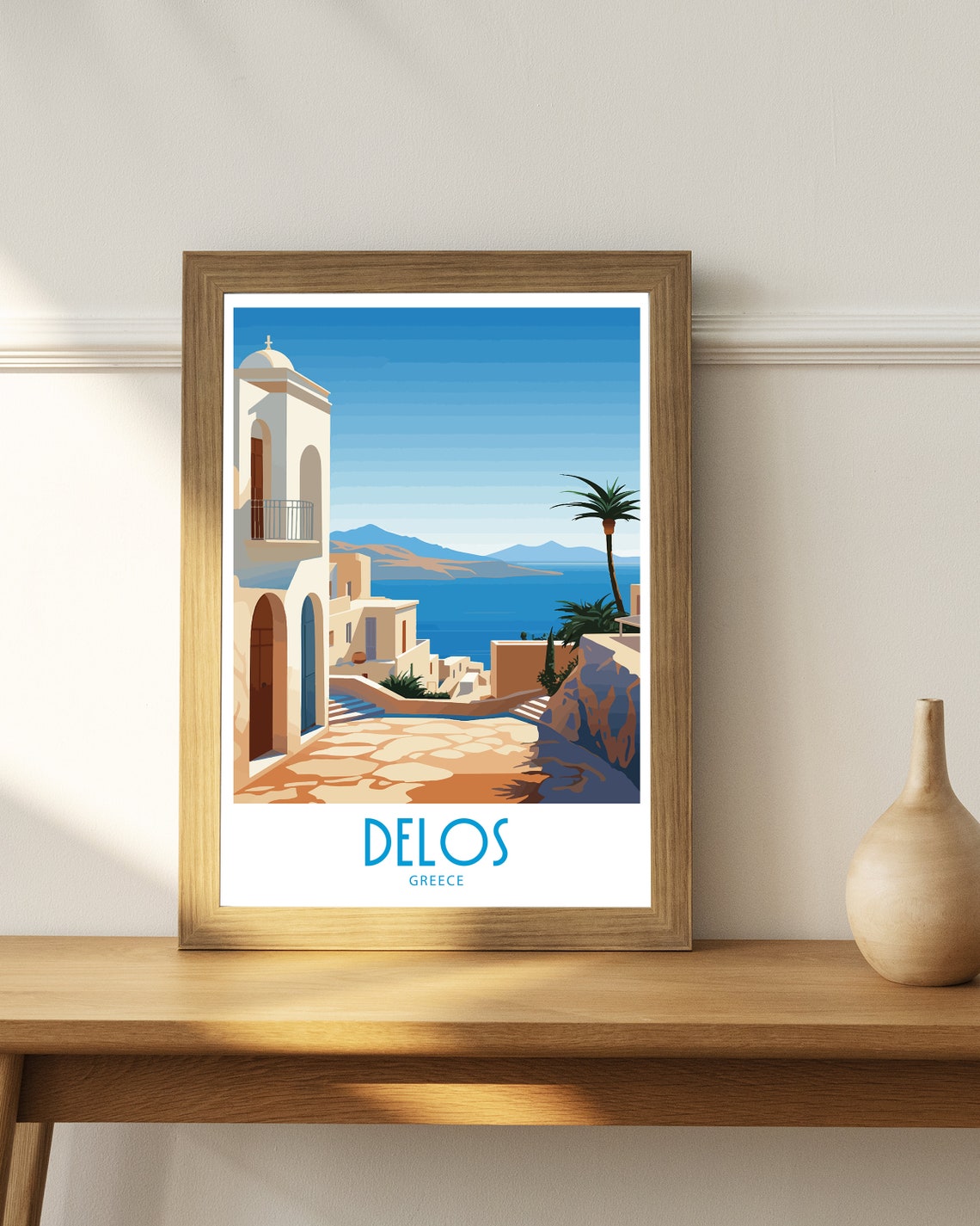 Delos Greece Whitewashed Street Church Tower Palm Tree Sea Poster - Image 4