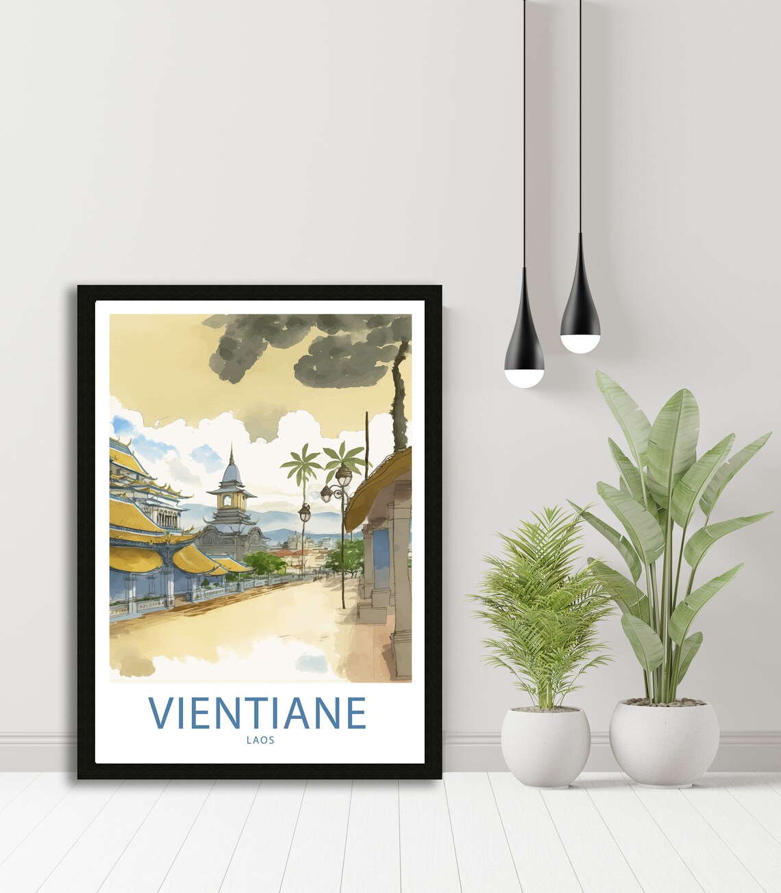 Vientiane Laos Golden Temple Terrace Palm Trees Watercolor Poster - Image 5