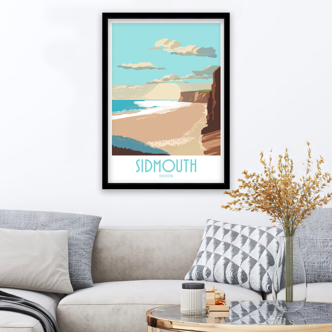 Sidmouth Devon Red Cliffs Golden Beach Sunset Retro Travel Poster - Image 3