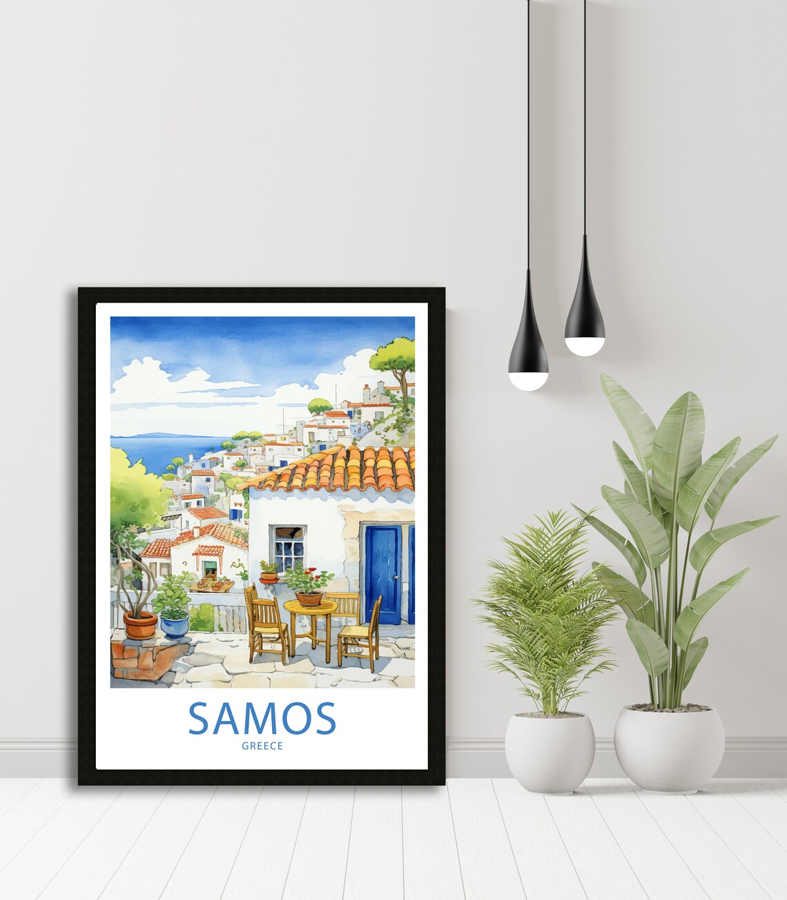 Samos Greece Sunlit Terrace Village View Watercolor Travel Poster - Image 5