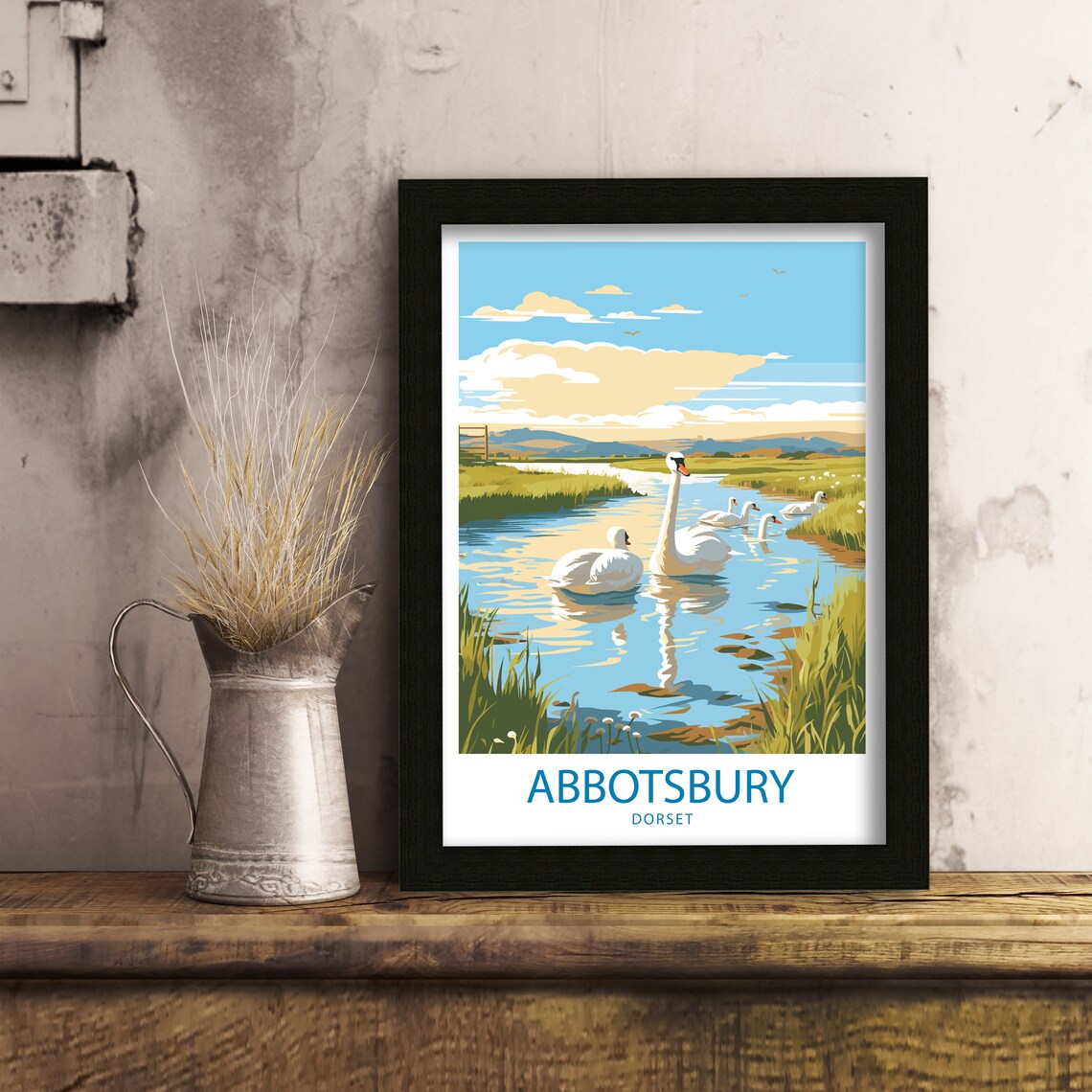 Abbotsbury Dorset Swans River Countryside Illustrated Travel Poster - Image 6