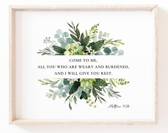 Matthew 11:28 Botanical Scripture Art Print, Christian Decor