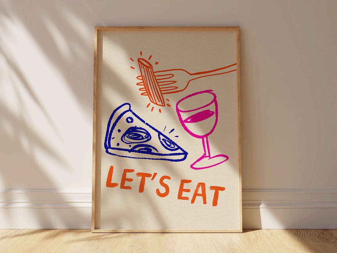 Lets Eat Kitchen Poster with Hand Drawn Pizza Pasta and Wine Art