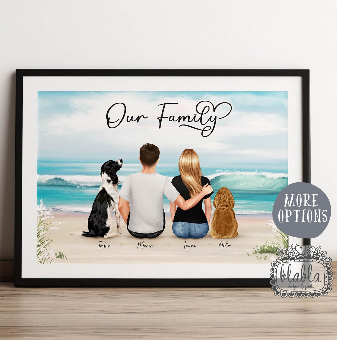 Our Family Beach Scene Couple With Two Dogs Personalised Print