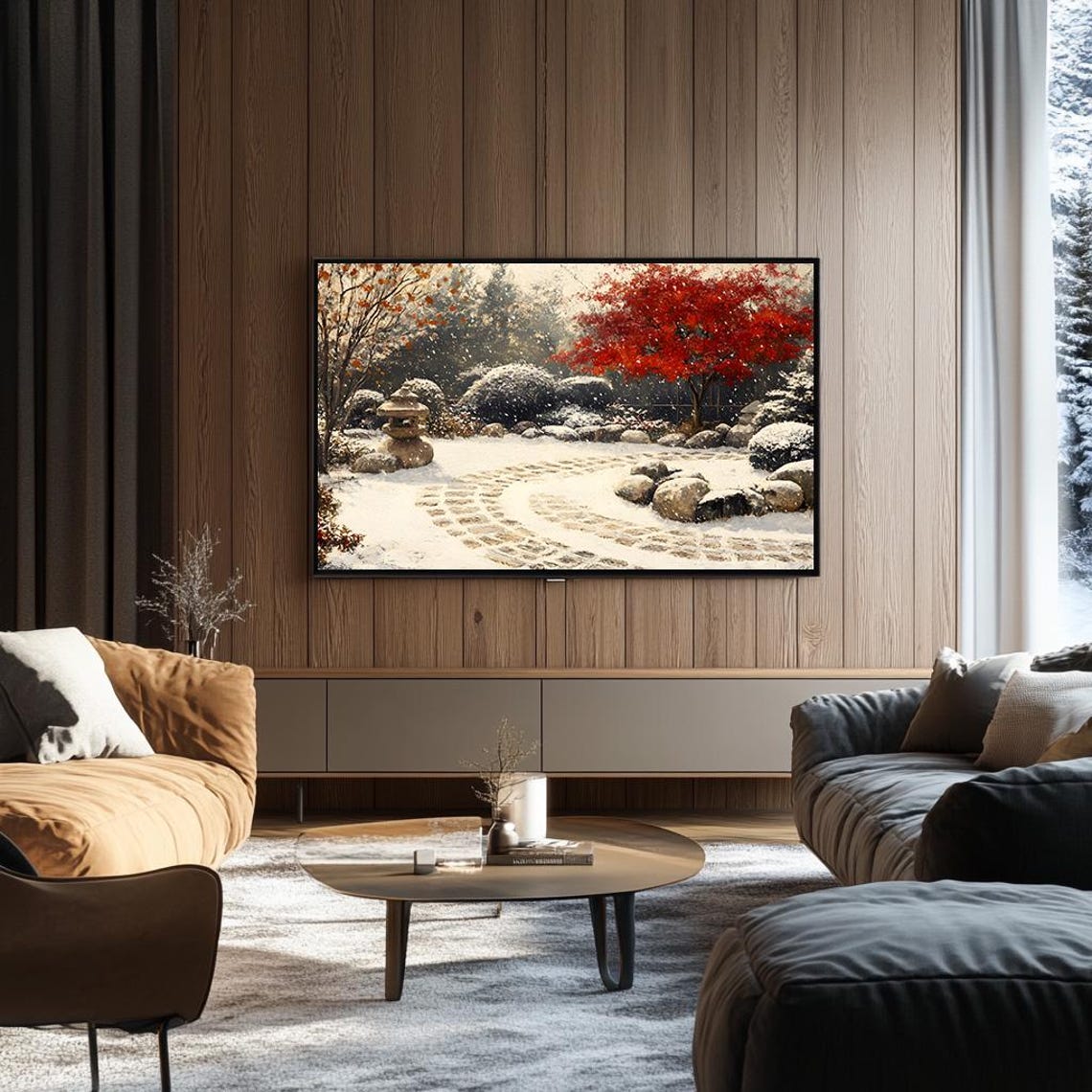 Snowy Zen Garden with Stone Lantern and Red Maple Tree Poster - Image 3
