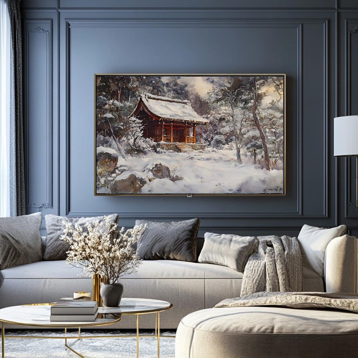 Snow Covered Shrine in a Winter Forest Japanese Oil Painting Poster - Image 2