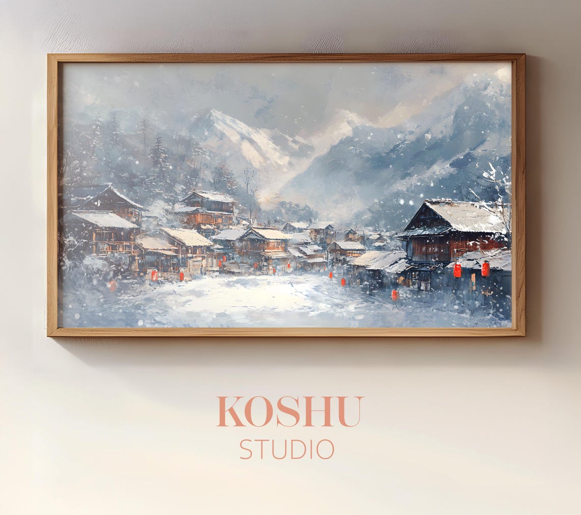 Snowy Mountain Village with Red Lanterns Japanese Winter Poster