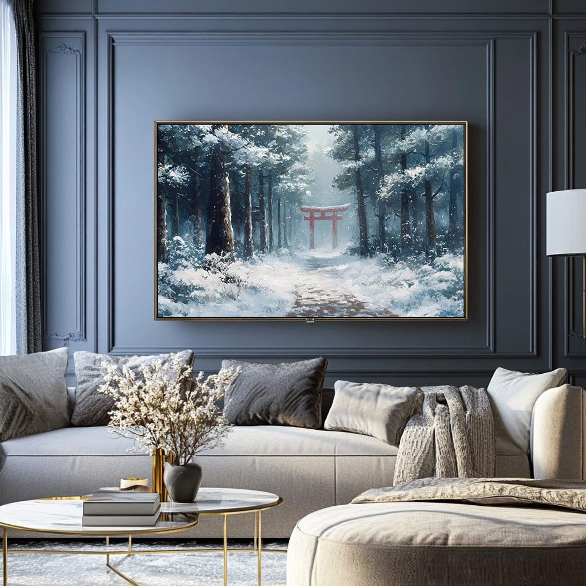 Red Torii Gate on a Snowy Path Through Tall Winter Forest Poster - Image 2