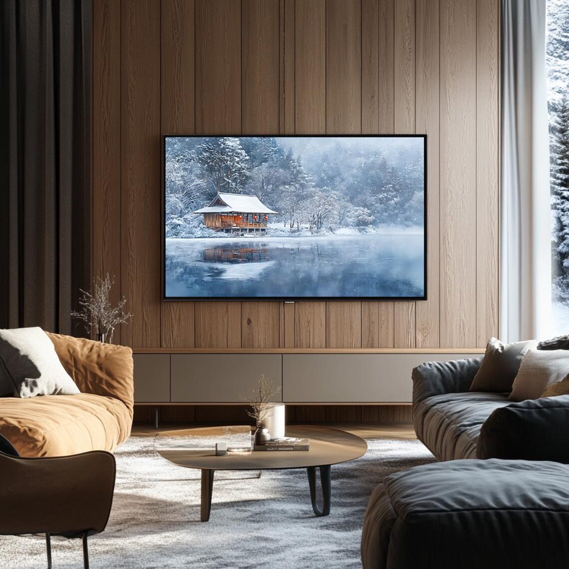 Lakeside Wooden Hut in Falling Snow Japanese Winter Art Poster - Image 3