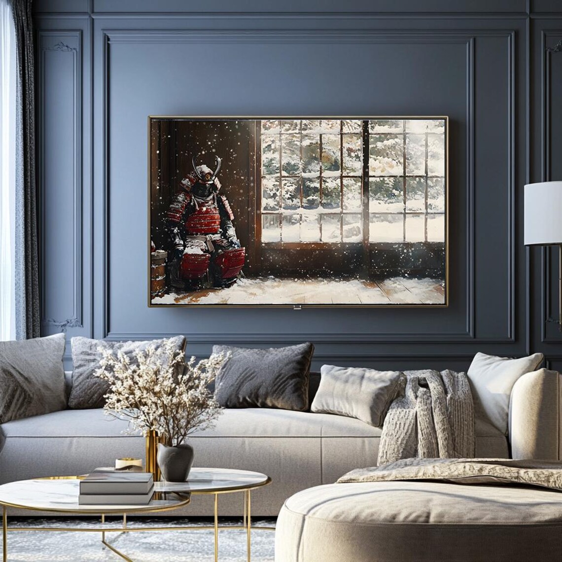 Samurai Armor Before a Snowy Garden Window Japanese Art Poster - Image 2