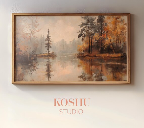 Misty Autumn River with Golden Trees Reflected in Calm Water Poster