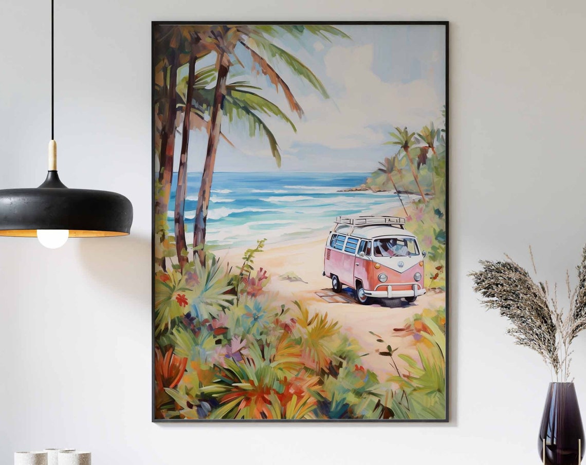 Pink Camper Van Parked on a Palm Lined Tropical Beach Poster