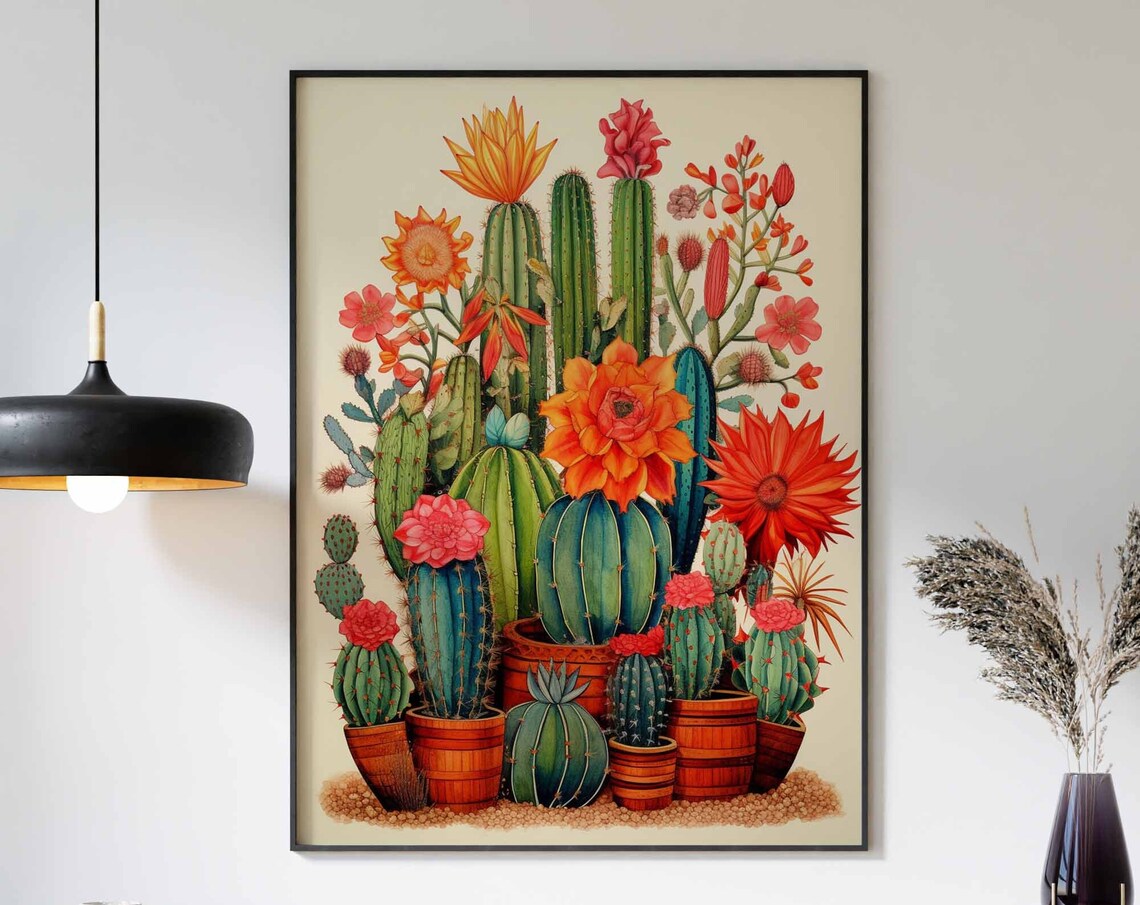 Potted Flowering Cacti in Terracotta Barrels Watercolor Poster