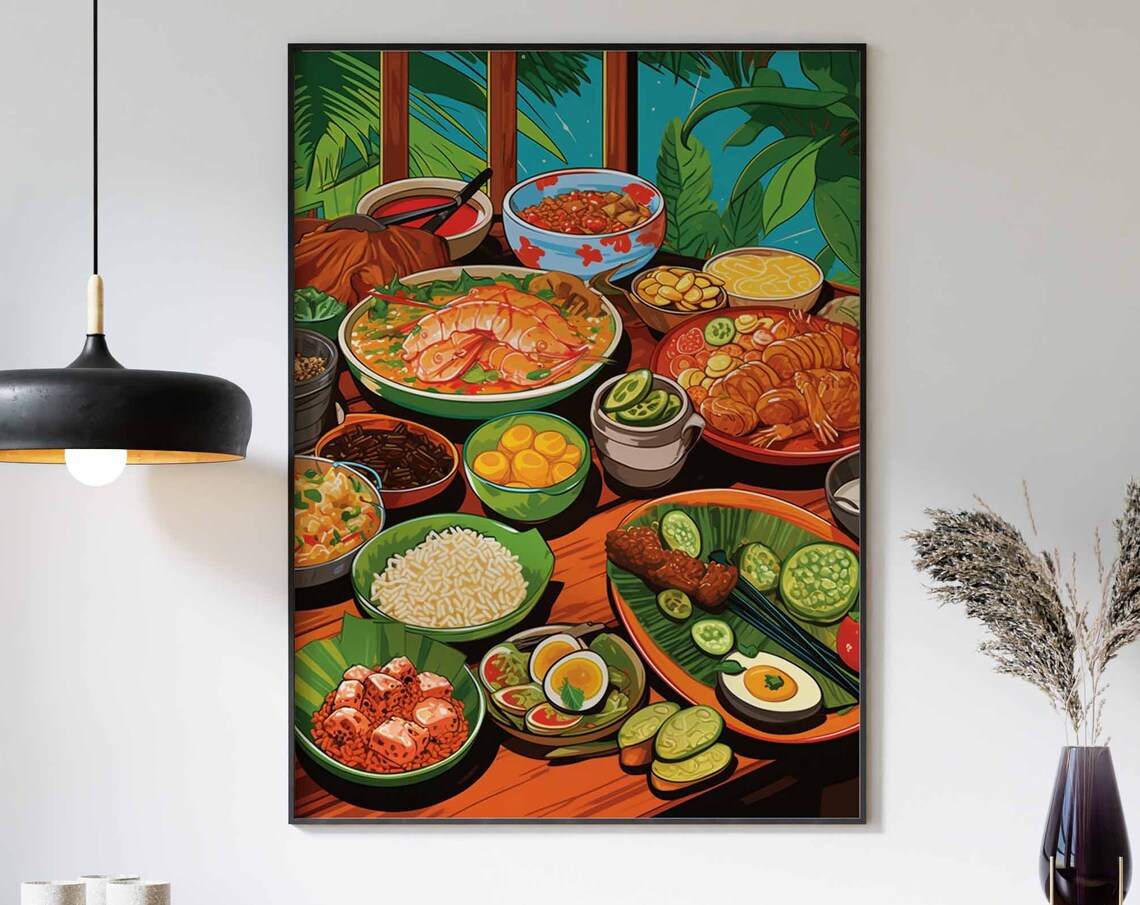 Filipino Feast Illustration Shrimp Rice Chicken Tropical Poster