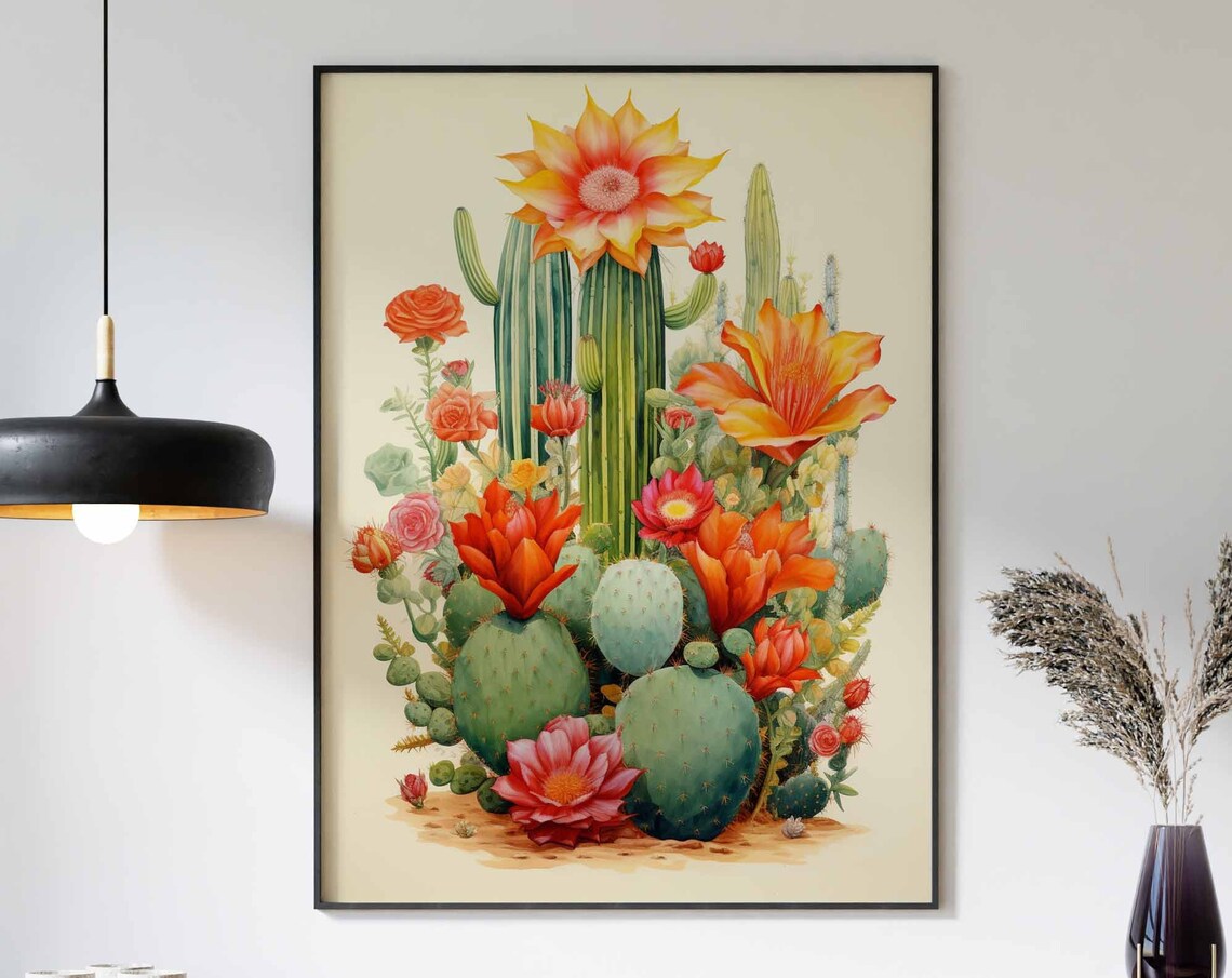 Tall Saguaro Cacti with Vibrant Orange Desert Blooms Watercolor Poster