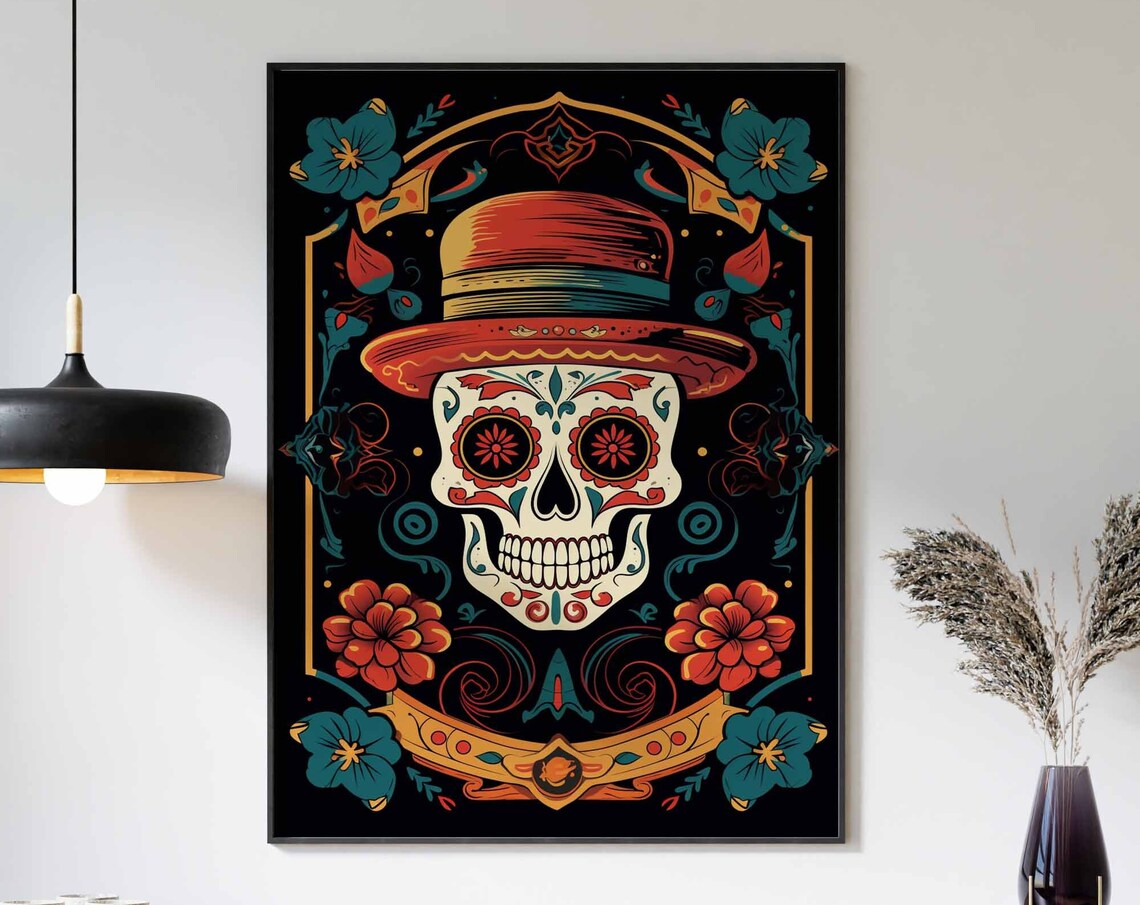 Day of the Dead Ornate Sugar Skull Red Hat Floral Calavera Poster
