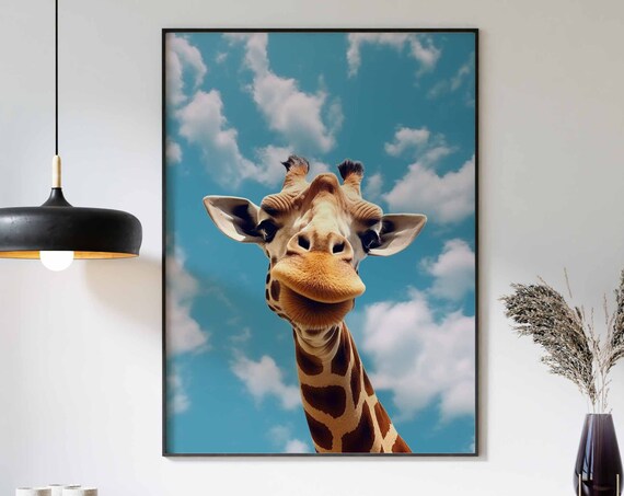 Giraffe Head Against a Bright Blue Sky with White Clouds Poster