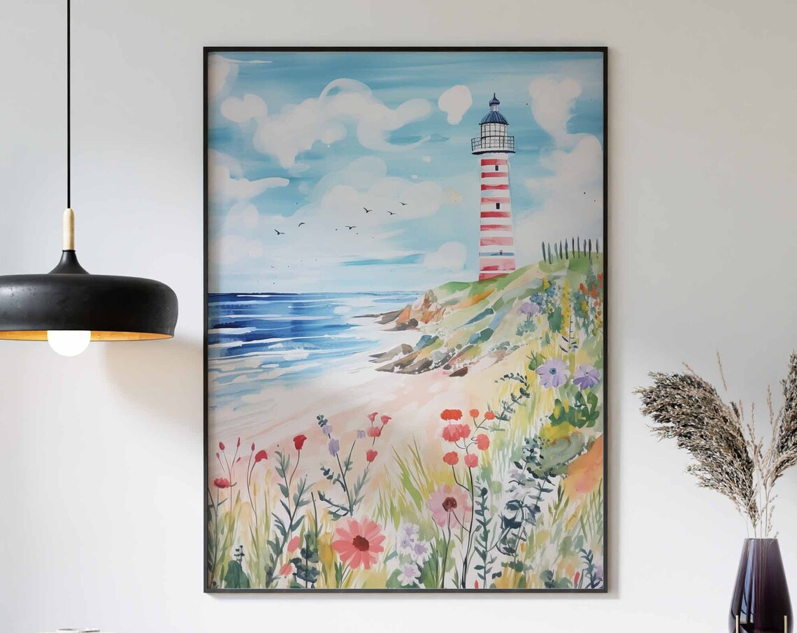 Striped Lighthouse Above a Beach Meadow of Wildflowers Poster