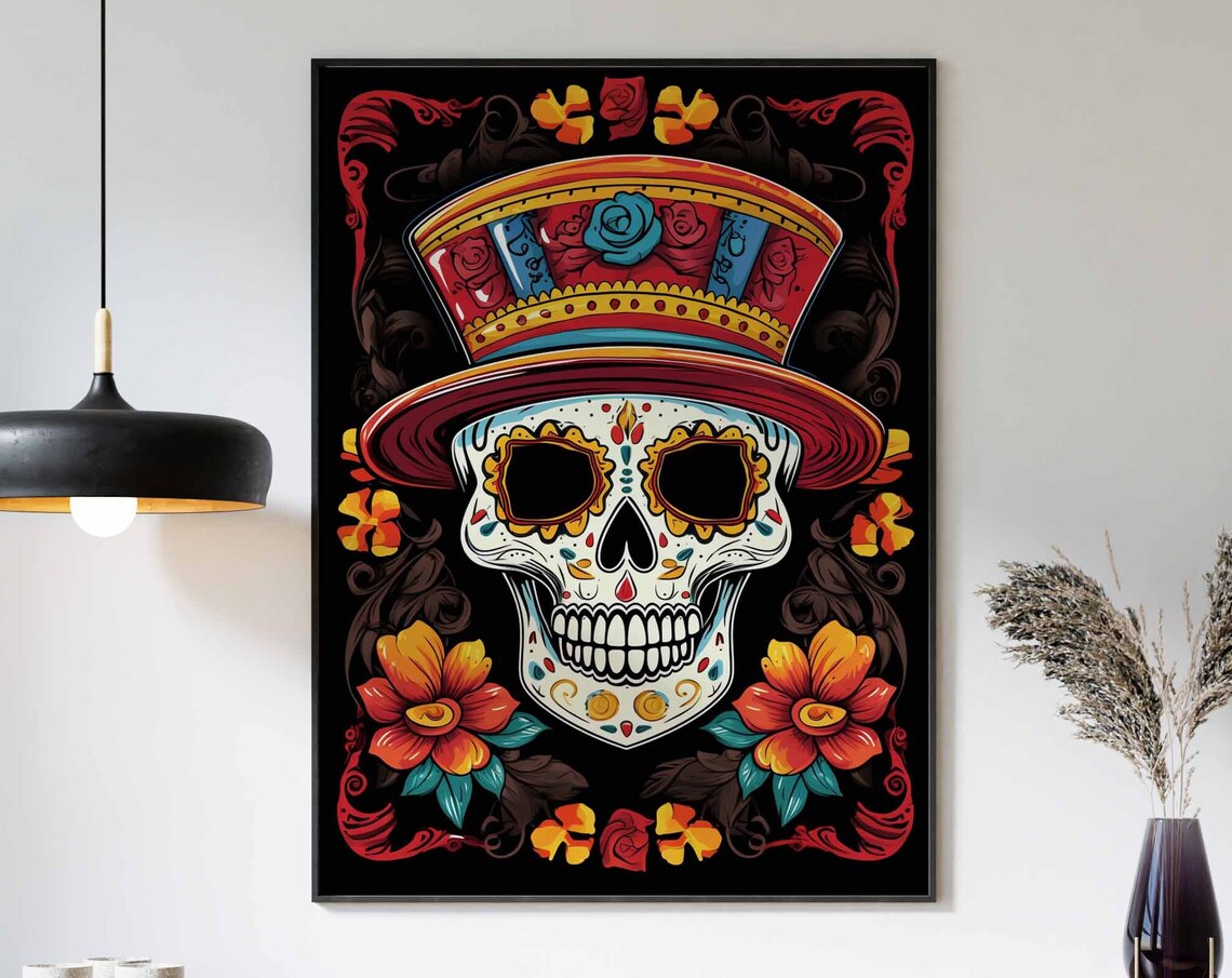 Sugar Skull Gentleman Top Hat Marigold Black Ornamental Poster
