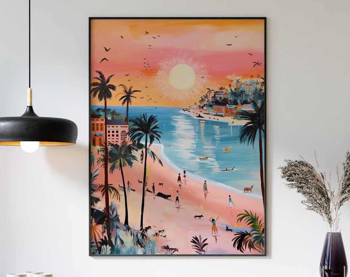 Sunset Bay Beach Silhouette Palm Dogs Golden Hour Scene Poster