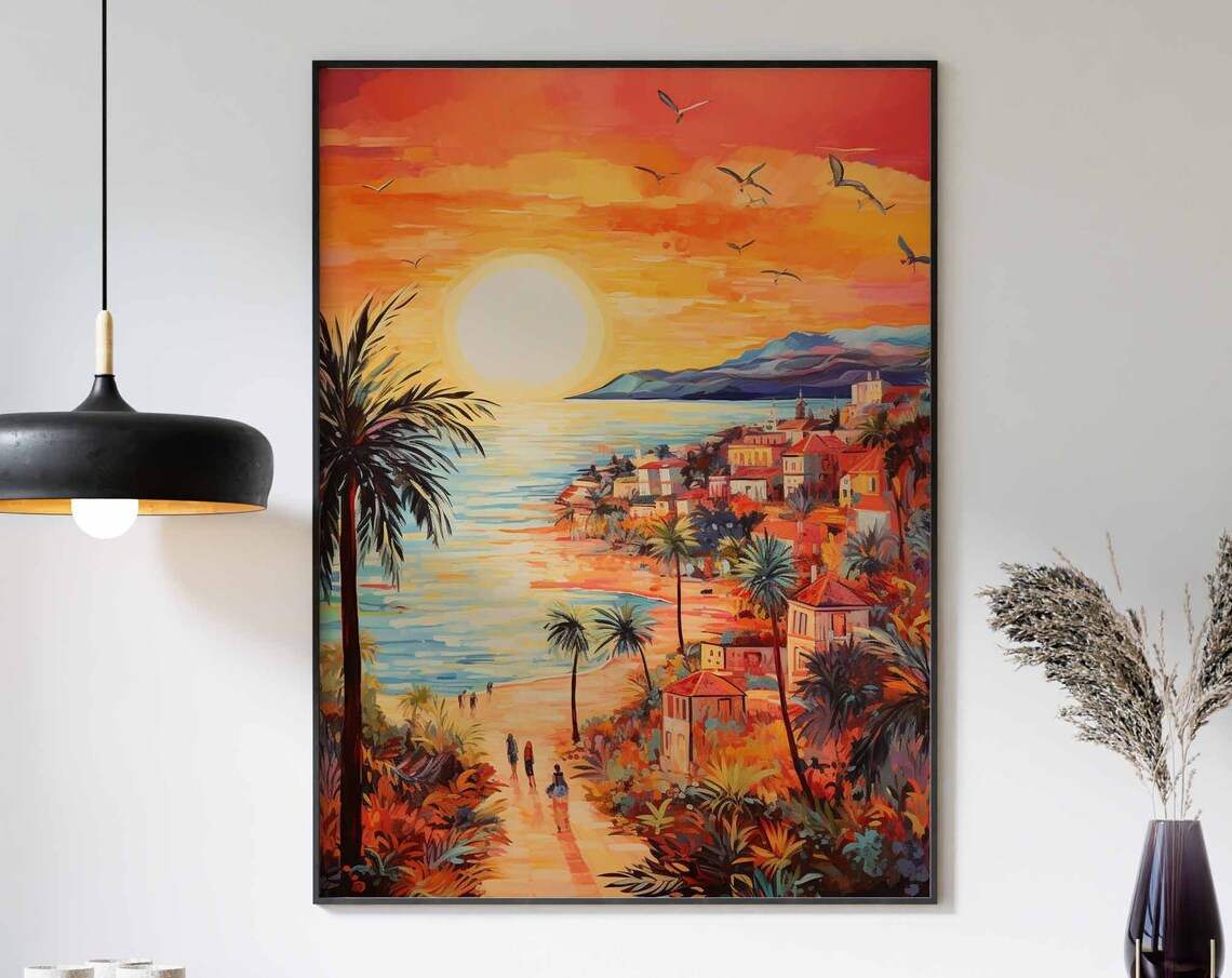 Coastal Town Sunset Beach Palm Trees Warm Sky Painting Poster