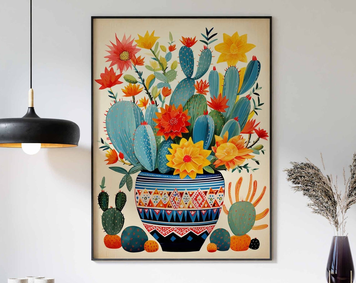 Blue Prickly Pear Cactus Geometric Pot Mexican Botanical Wall Art