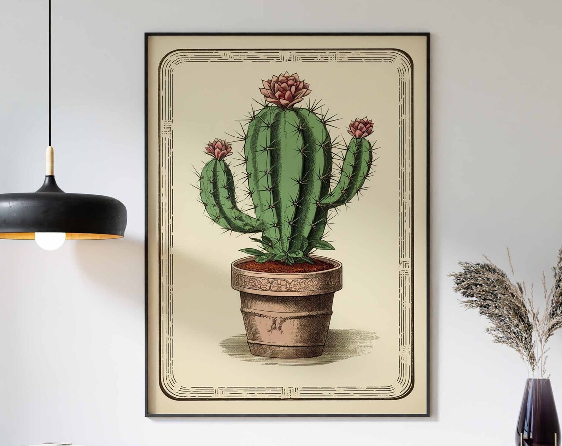Vintage Botanical Cactus with Pink Blooms in a Terracotta Pot Poster