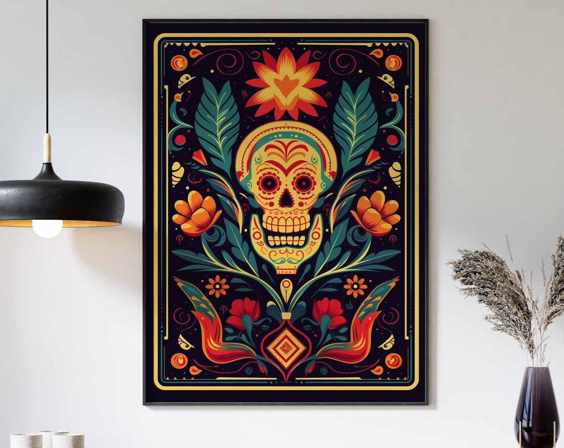 Golden Sugar Skull Tropical Leaf Midnight Black Floral Poster