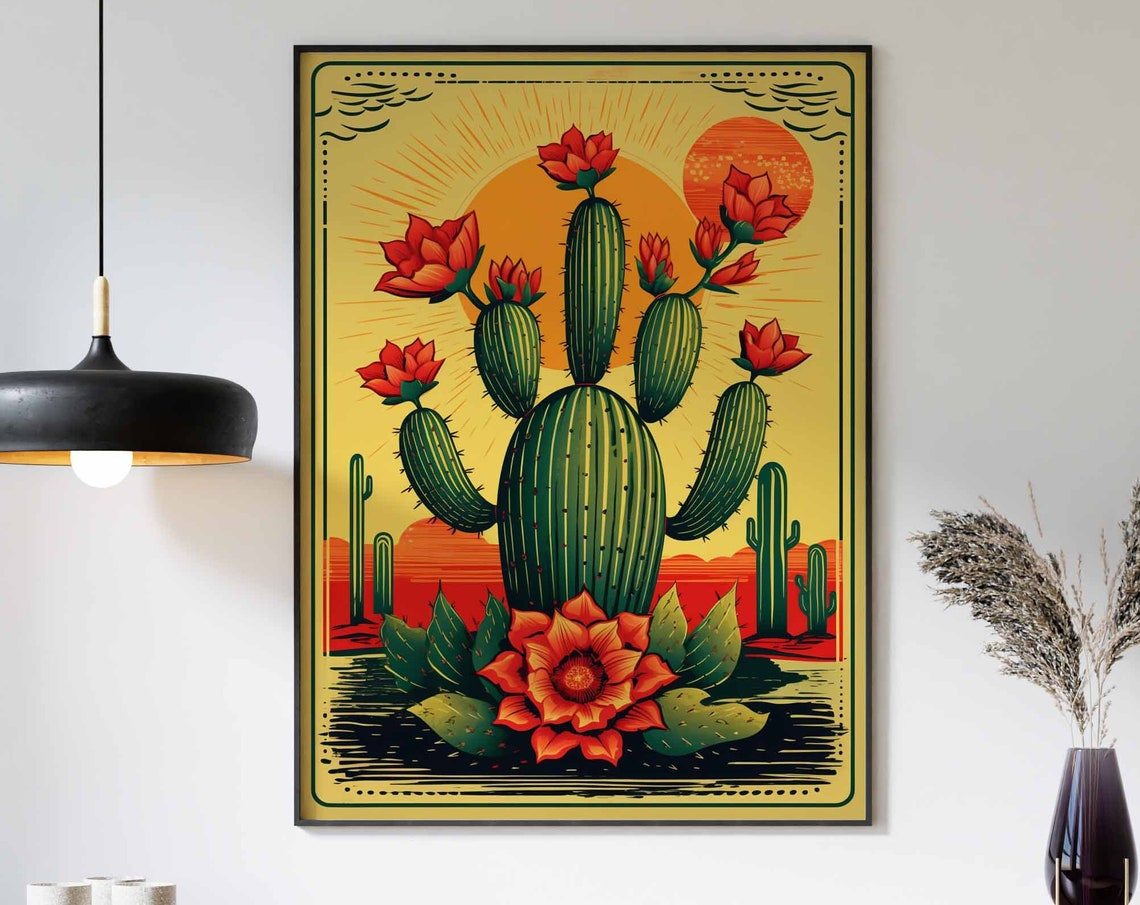 Retro Pop Art Columnar Desert Blooming Cactus Orange Sunset Poster