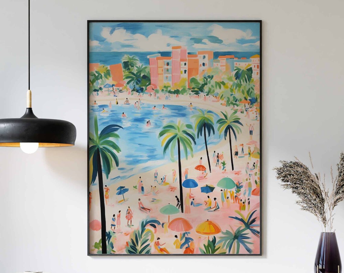 Lively Bay Beach Pastel High Rise Buildings Swimmers Fun Poster
