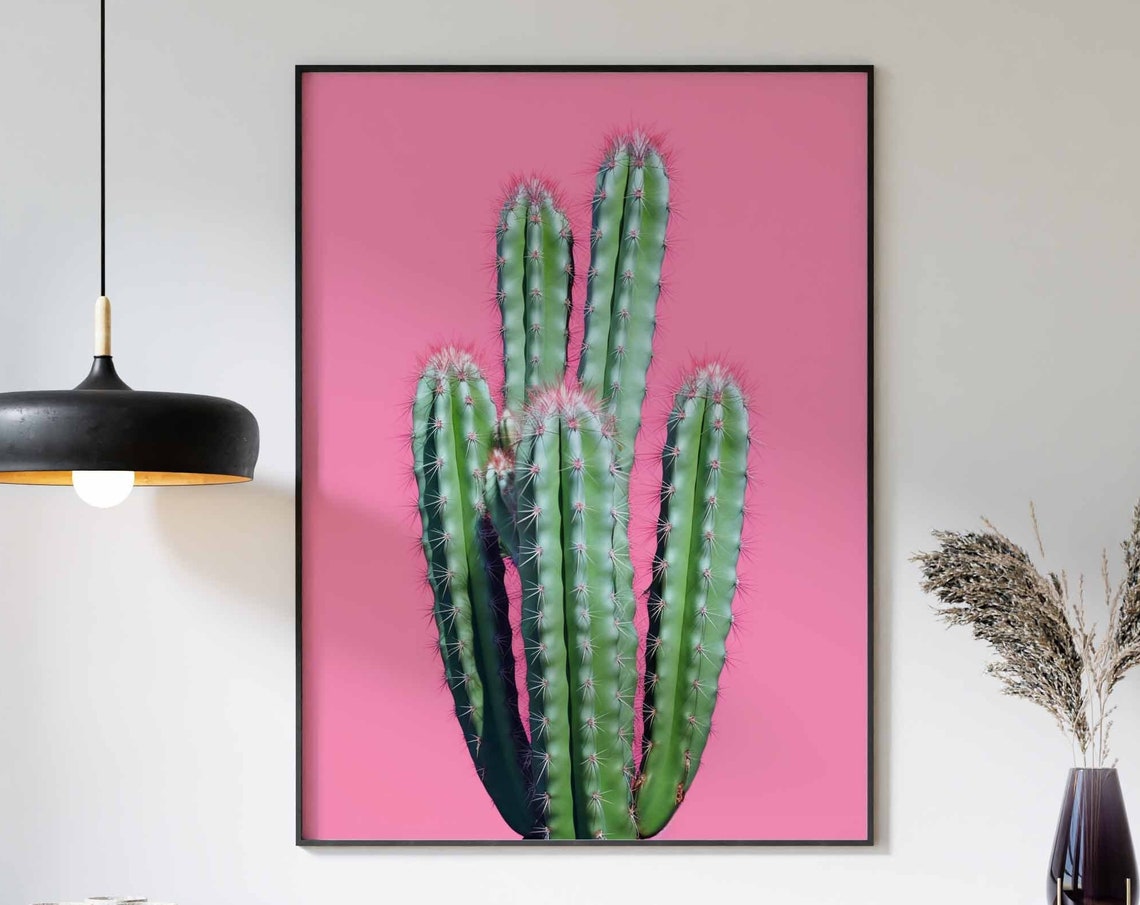 Columnar Cactus on a Bright Pink Background Modern Minimalist Poster