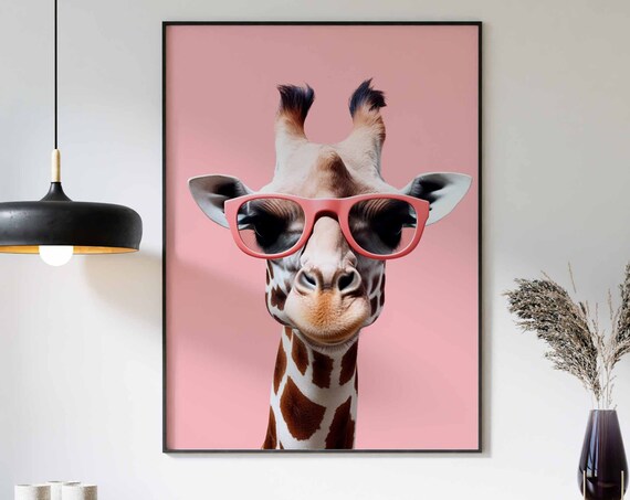 Happy Giraffe Wearing Coral Sunglasses on Pink Backdrop Poster