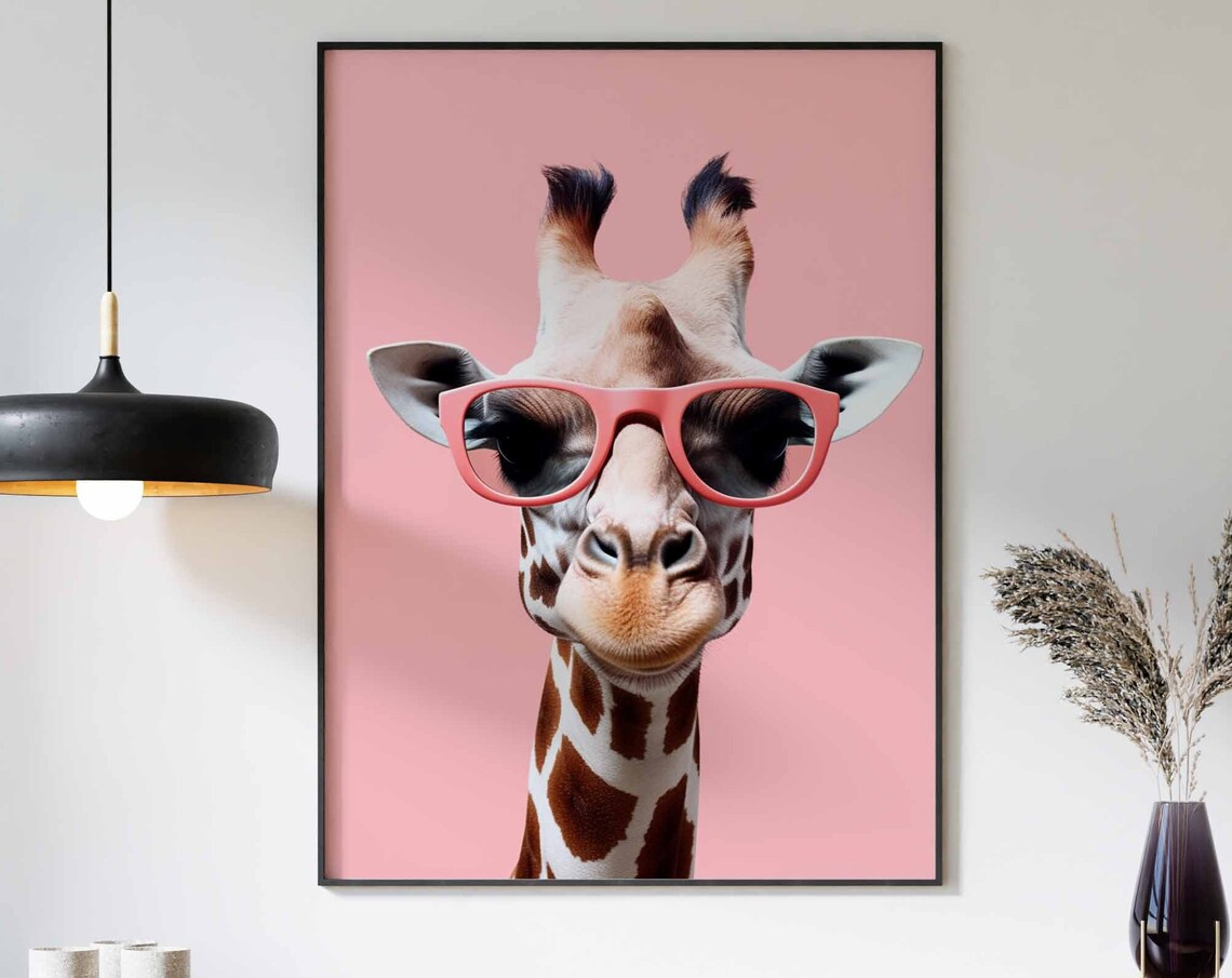Happy Giraffe Wearing Coral Sunglasses on Pink Backdrop Poster